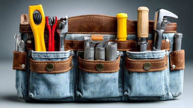 Filled tool belt with various hand tools.