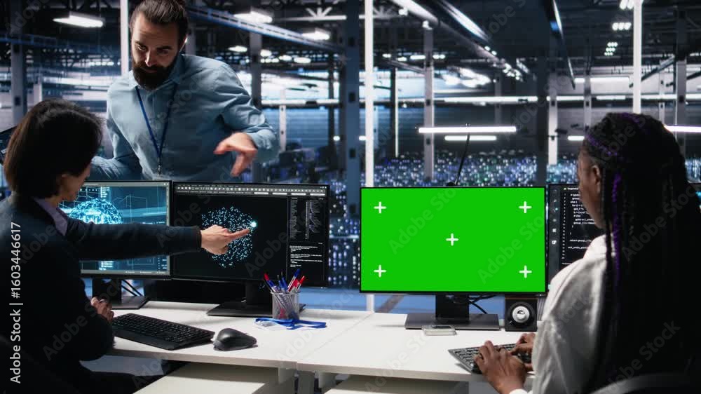Poster data center manager overseeing team of technicians managing ai systems using green screen pc. superv