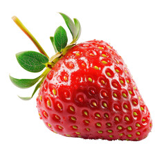 Close-up of a single, vibrant red strawberry with green leaves and stem