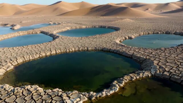 Scene of chapped land and puddles in desert In arid desert