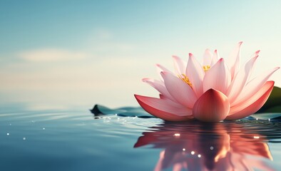 A pink lotus blossom rests gently on the water, its beauty enhanced by the soft, warm glow of surrounding light