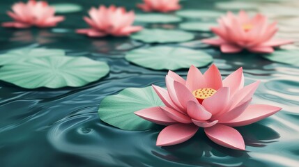 An abstract illustration showcases pink lotus flowers gently floating on calm water, with delicate ripples that signify peacefulness and mindfulness