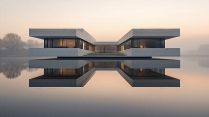 Contemporary Architecture Reflecting on Calm Sunset Waters Amid a tranquil Landscape