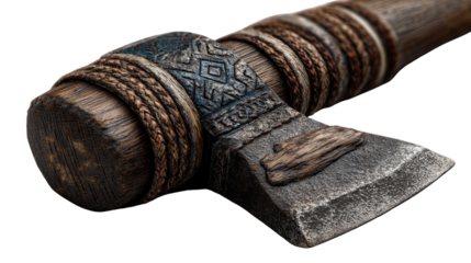 Battle Axe Close-up: A close-up shot of a sturdy battle axe, highlighting its aged wooden handle and intricate design details of the blade 