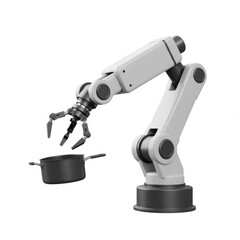 White Robotic Arm with Gripper Handling Cooking Pot