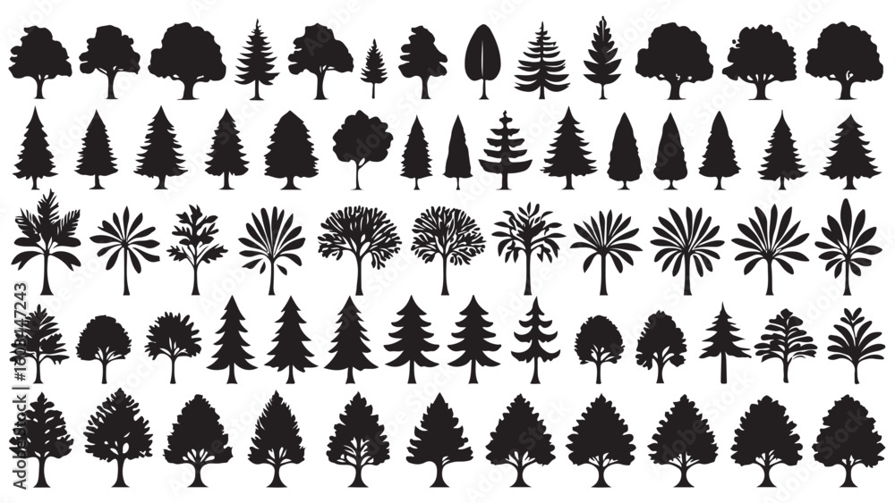 Aufkleber diverse tree silhouettes a vector collection displaying various tree shapes and foliage styles for l