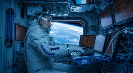 Astronaut working on a computer inside a spacecraft. Earth is visible through the window. The scene highlights space exploration and technology.