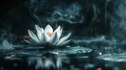 On dark reflective water, a serene white lotus is seen floating, enveloped by mystical shadow tendrils