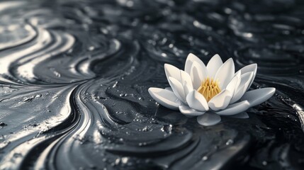 On dark swirling water, a serene white lotus floats, its petals beautifully illuminated