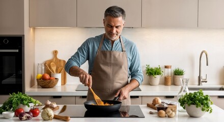 Middle-Aged Man Cooking in Bright Modern Kitchen