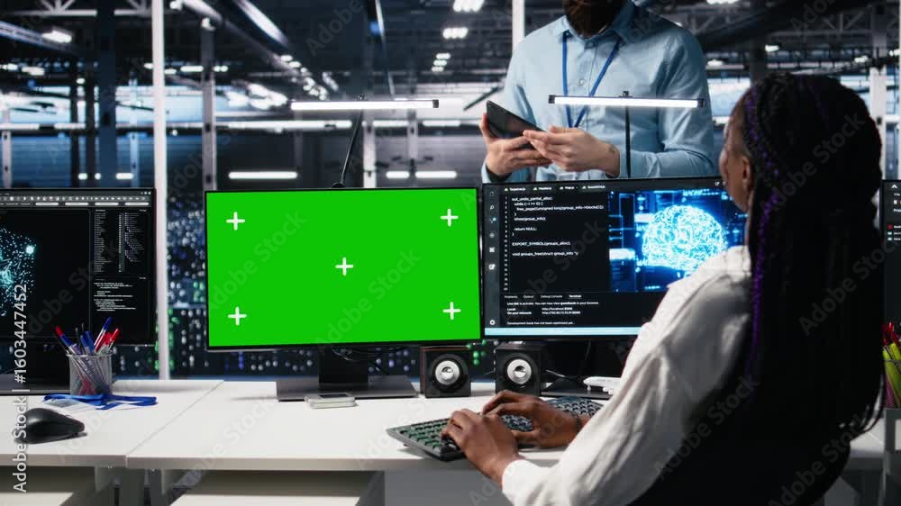 Poster female programmer talking with manager in data center, reviews ai diagnostics on green screen pc. it