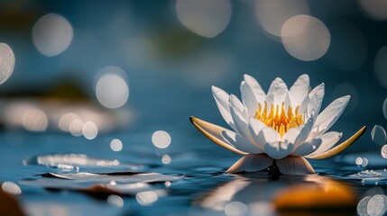 A stunning white lotus flower blooms peacefully on the calm water's surface