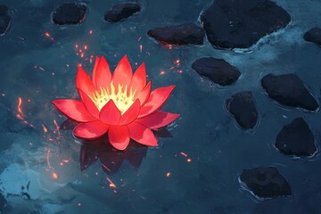 In an abstract artistic representation, a lotus flower of fiery red hue is depicted floating gently on dark water, accompanied by shimmering sparks
