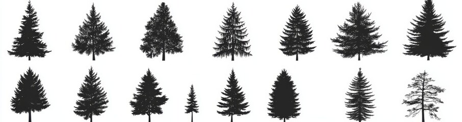 Fototapeta premium Silhouettes of pine trees, evergreen forest firs, and spruces appear as black shapes in a modern illustration of wild nature trees templates, all set on a white background