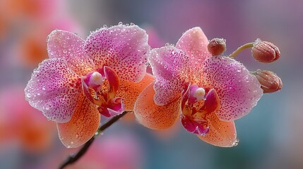 Delicate orchid blossoms with water droplets.