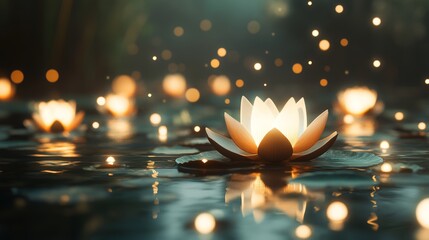 Beautiful lotus flowers glow as they float gently across the dark reflective surface of the water