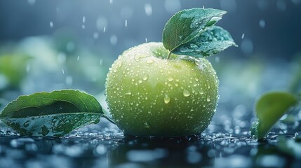 Fresh green apple adorned with water droplets glistening under the rain creating a natural and