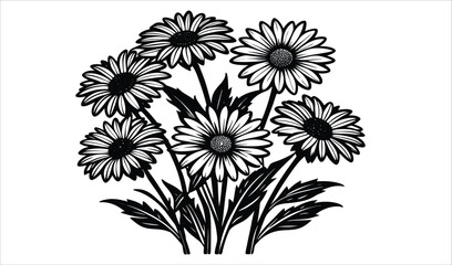 Black and white illustration of a bouquet of daisies with detailed petals and leaves
