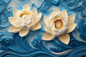 The picture shows a tranquil scene of white lotus and water lily flowers with lace-like petals floating on a blue background with wavy patterns, giving the illusion of water, and the detailed petals