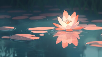 On calm water, a stunning lotus flower blooms, as seen from a close vantage point, with light reflections and a palette of soft, serene colors