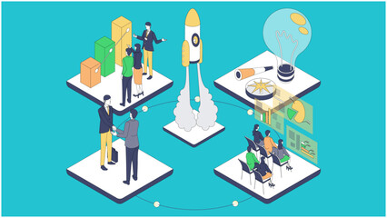 ロケット発射でビジネス加速！成長を描くアイソメ図