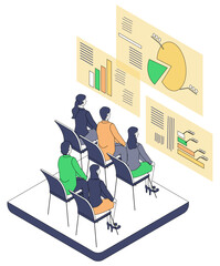 セミナーで学ぶビジネスパーソンたちの様子のアイソメイラスト