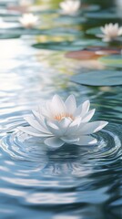 The combination of gentle water ripples, soft pastel blues, and earthy neutrals in a minimalist illustration of a tranquil pond, complete with floating lotus flowers, results in a serene background