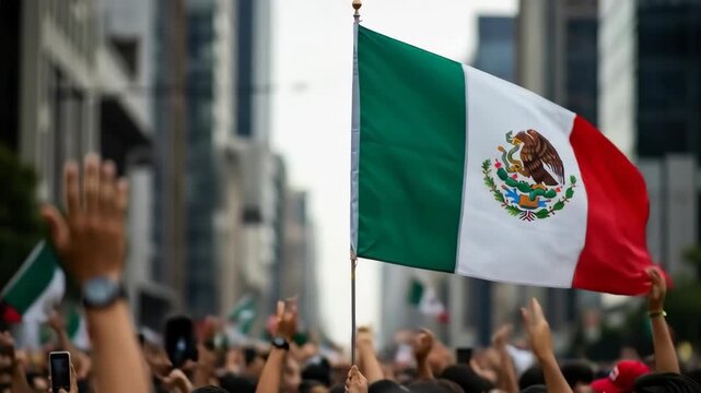 Mexican Flag Waving Above a Crowd