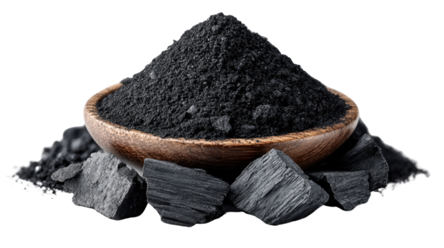 Activated Charcoal Collection: A detailed study of activated charcoal in diverse forms, from fine powder to larger chunks, placed delicately in a wooden bowl.