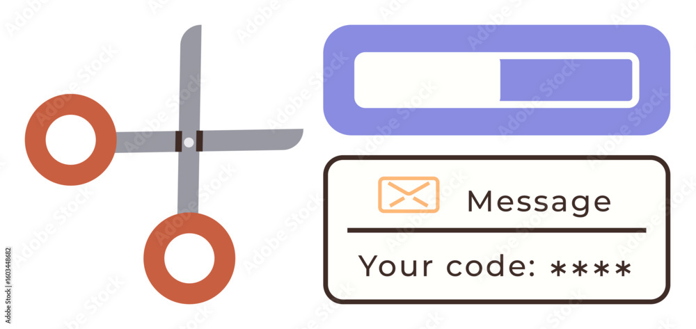 Aufkleber scissors near password box and email code message, signifying cutting security risks. ideal for cybe