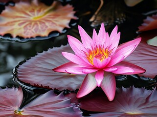 A close-up view showcases a vibrant pink lotus floating on peaceful water, encircled by lily pads in multiple shades of green, focusing attention on the lotus to reveal the stamen and pistils at its