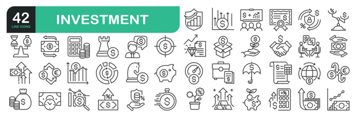 Set Of Investment Line Icons. Contains such icons as Business Strategy, Stock Market, Loan, Wealth, Financial Advisor, Currency Exchange, Financial Strategy, Savings, Credit Score, Capital, Banking.