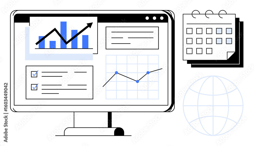 Poster desktop screen displaying growth chart, progress checklist, and analytics graph. includes calendar a