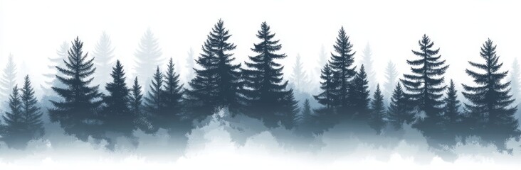 A winter Christmas forest of fir trees in silhouette is set against a layered trees background, forming a coniferous forest panorama within a modern forest silhouette landscape