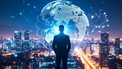 A businessman stands in front of a global network of modern world technology. 4k video - Powered by Adobe
