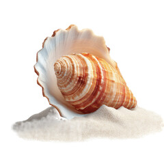 A seashell rests atop a bed of sand.  Its cone-shaped spiral is banded with warm colors, while its outer shell is a delicate, layered, light-cream hue