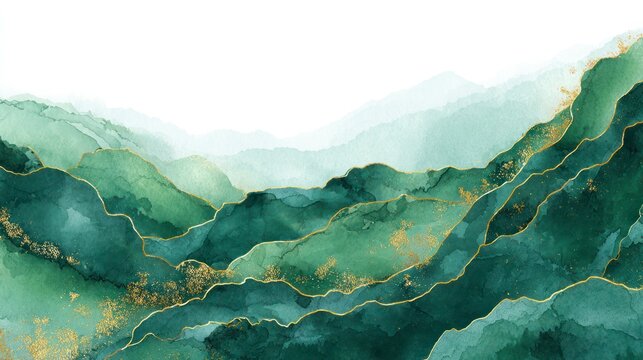 Watercolor mountains landscape in shades of green with gold accents