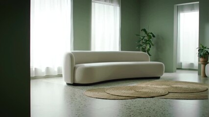 Interior with a curved sofa and round rugs in a green room area
