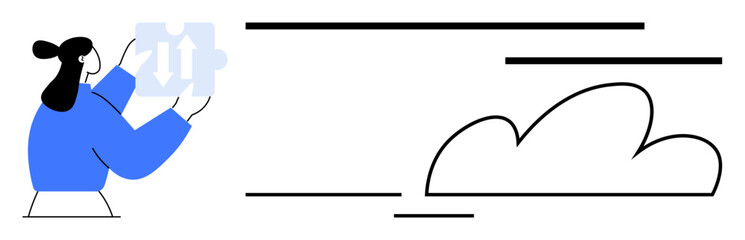 Woman holding a gear-shaped diagram symbolizing processes, facing cloud element. Ideal for teamwork, innovation, cloud computing, efficiency, strategy, connection goal setting. Simple flat metaphor