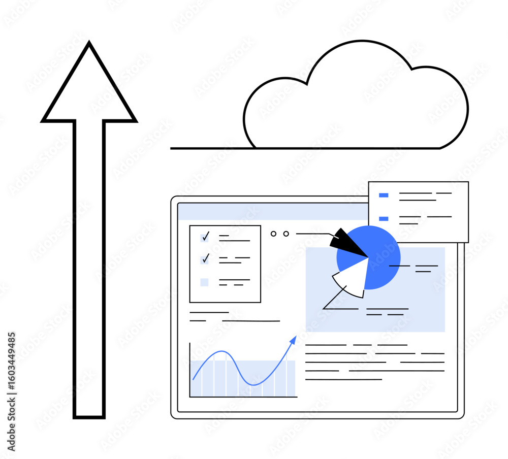 Poster upward arrow symbolizing data transfer, cloud icon, and dashboard with charts, pie graph, and analyt