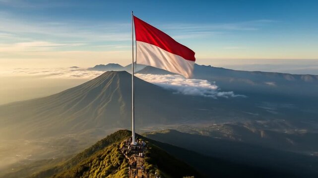 Majestic Indonesian Flag Waving on Mountain Peak at Sunrise with Clouds