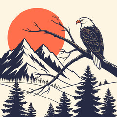 Majestic Eagle Perched at Sunset: A regal bald eagle perched serenely on a tree branch, its gaze fixed on a backdrop of mountains and a setting sun.