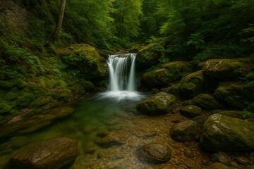Fototapeta premium Cascada en bosque tropical rodeada de rocas cubiertas de musgo.Imagen de alta resolución de una cascada que fluye suavemente entre rocas con musgo verde, rodeada de vegetación densa en un bosque. 