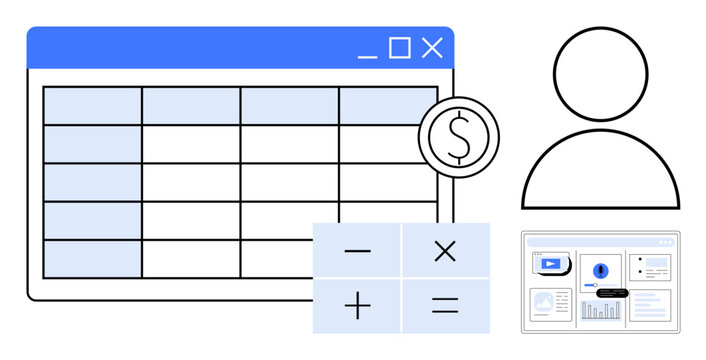 Spreadsheet with user icon, money symbol, calculator operations, and analytics dashboard. Ideal for finance, budgeting, accounting, data management, analytics business planning organizational