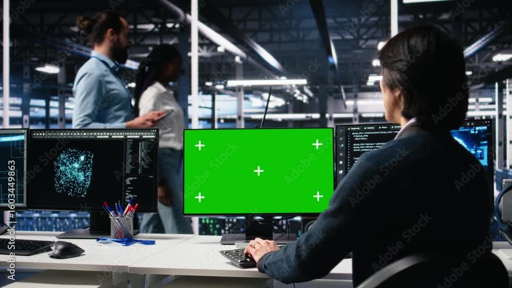 Poster technician in data center coding with generative ai assistance on green screen pc. it specialist lev