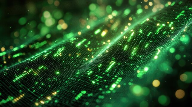 Luminous abstract digital wave with glowing green and gold particles background