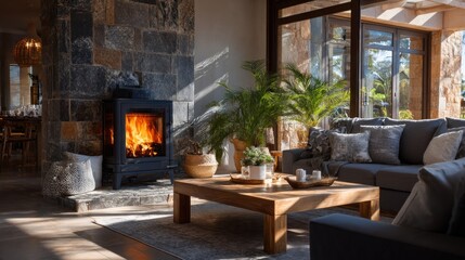 Cozy Living Room with Fireplace and Sunlit Views