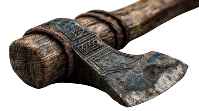 Ancient Axe: A close-up shot of an ancient axe with a wooden handle and intricate carvings, exuding an aura of history and craftsmanship.