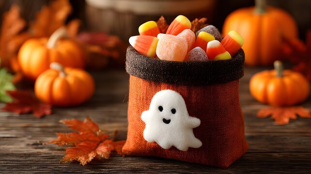 Halloween candy treat bag on rustic wooden surface.