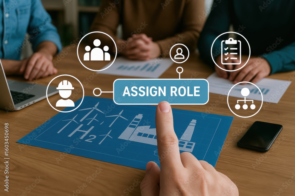 Poster assign role concept with finger pointing digital interface over industrial blueprint with green hydr